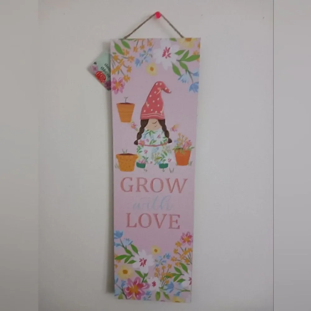 Grow with Love Pink Gnome Floral Door/Wall Sign Spring Ready.